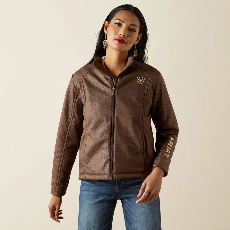 Jaqueta feminina Ariat com logo em couro sintético marrom, modelo Softshell