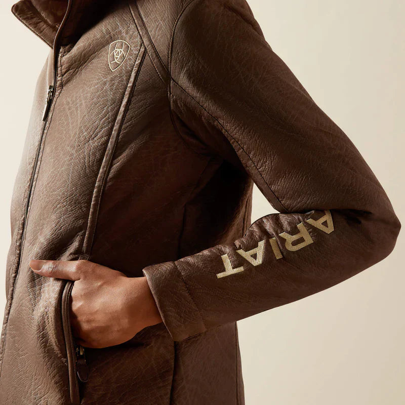 Jaqueta feminina Ariat com logo em couro sintético marrom, modelo Softshell